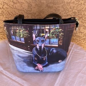 Doberman pincher shoulder purse. 8 1/2 “ tall by 9 “ wide by 4 “ in depth
